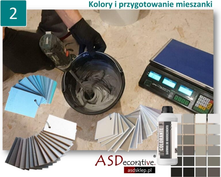 Instrukcja barwienia mikrocementu na ściany pokazuje przygotowanie materiału z pigmentem, dzięki czemu możesz uzyskać powtarzalny odcień i uniknąć r&oacute;żnic kolorystycznych na powierzchni.