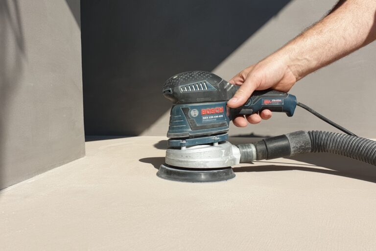 Szlifowanie mikrocementu ręczną szlifierką pokazuje etap wyr&oacute;wnania i nadania struktury, kt&oacute;ry jest konieczny, gdy chcesz uzyskać r&oacute;wną powierzchnię przed impregnacją i lakierowaniem.